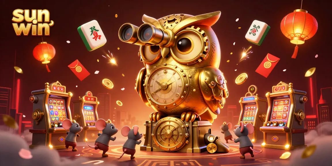 Experience the thrill of sun win with a dynamic casino scene featuring a golden owl, mouse patrons, and festive elements.