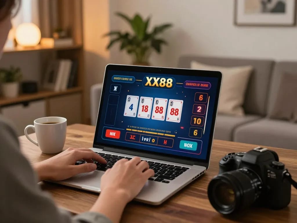 Player engaging with XX88 blackjack interface at home, showcasing cozy gaming setup.
