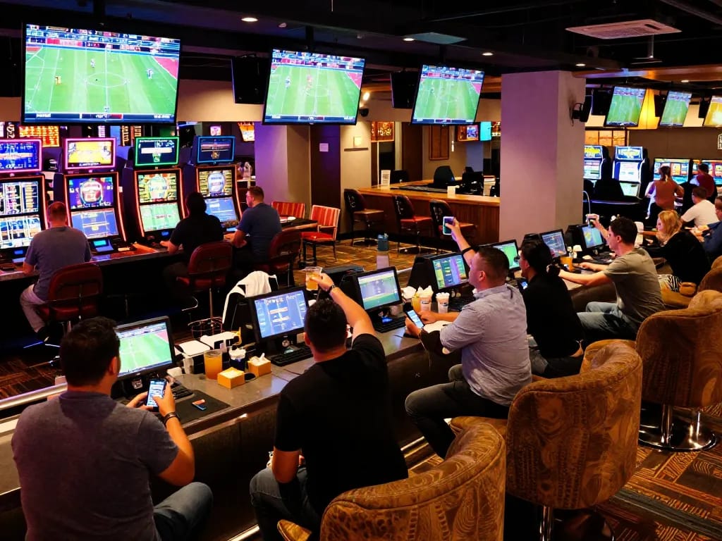 Bongdalu bettors enjoying live sports events in a stylish casino lounge