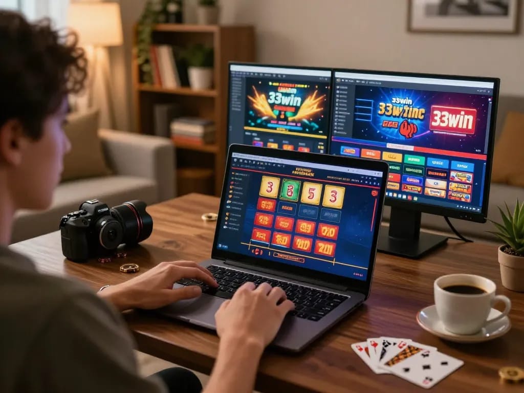 Engaging home gaming scene depicting a player exploring 33win casino games on a laptop, showcasing responsible gambling.