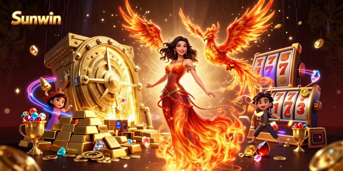Experience the thrill of online gaming with Sunwin, featuring vibrant slot reels and magical casino elements.