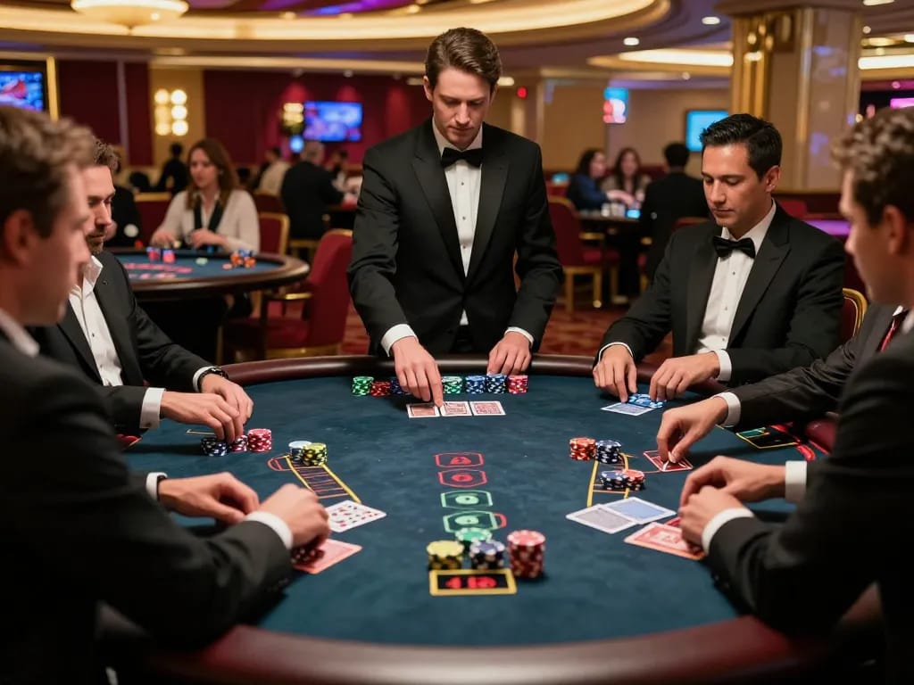 Players strategizing over a blackjack table at a luxurious Las Vegas casino in an exciting scene featuring DA88