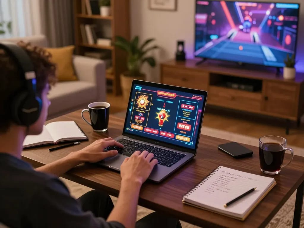 Engaging online gaming session with RR88 on laptop, showcasing casino games and strategy notes.