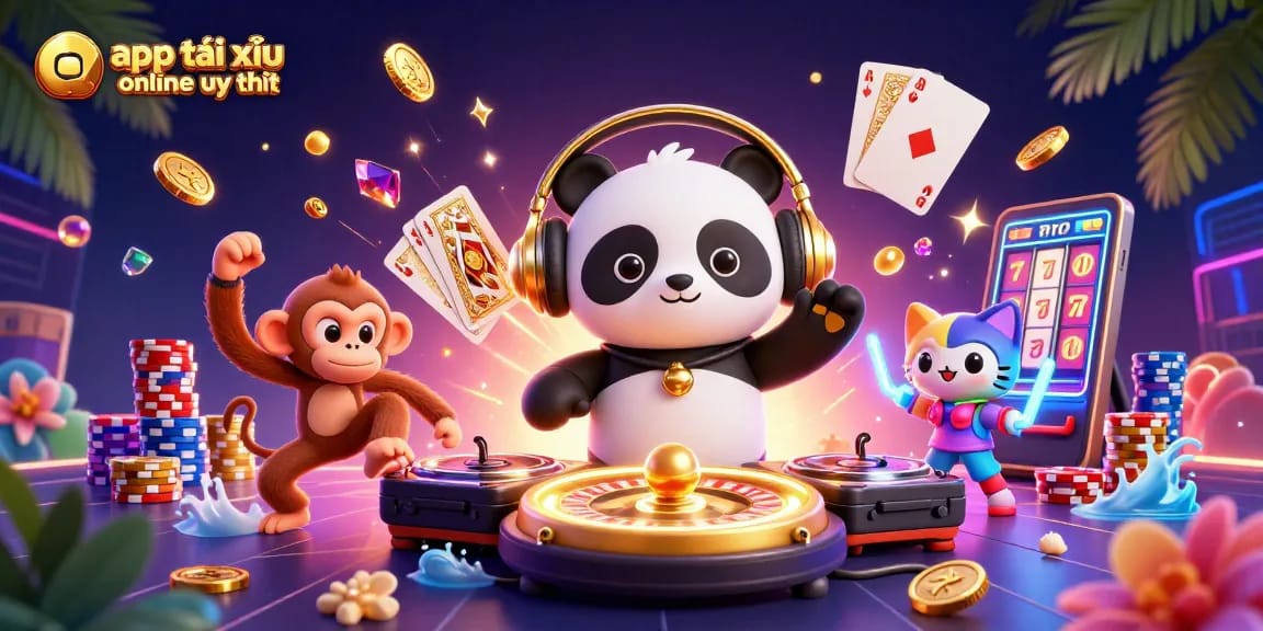 Spin to win with app tài xỉu online uy tín, featuring lively characters in a vibrant casino scene full of excitement.