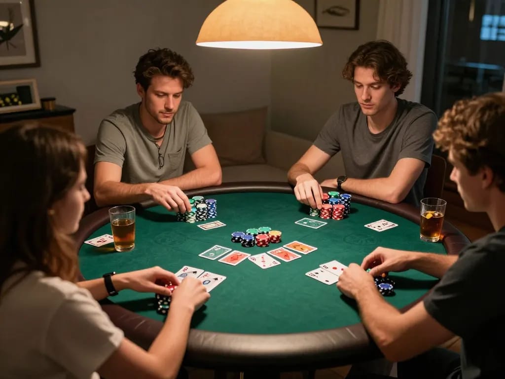 Engaged players at a home poker night exploring km777 strategies with chips and cards.
