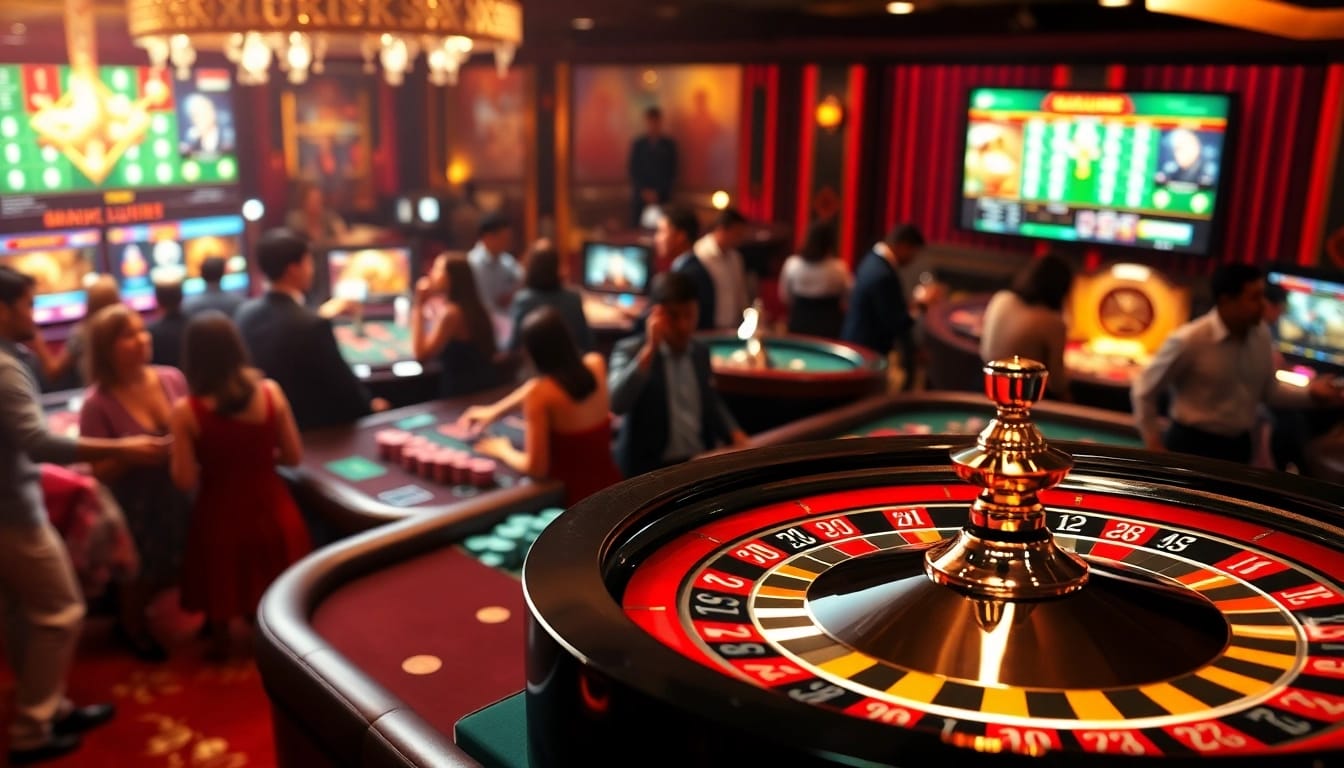 Engage in the excitement of ĐĂNG KÝ LUCK8 at a vibrant casino table filled with colorful poker chips and cards.