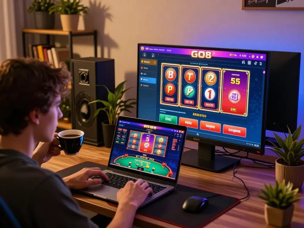 Playing exciting games on the GO8 online casino platform on a laptop during a cozy evening.