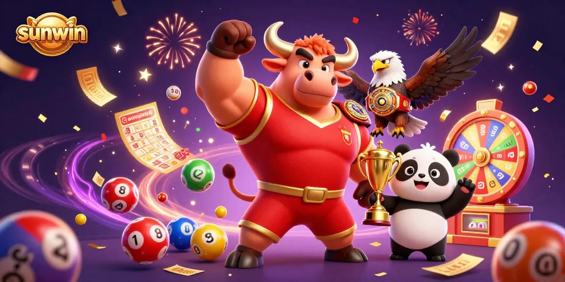 Engaging "sunwin" casino scene showcasing a bull mascot, eagle, and panda amidst vibrant gambling elements.