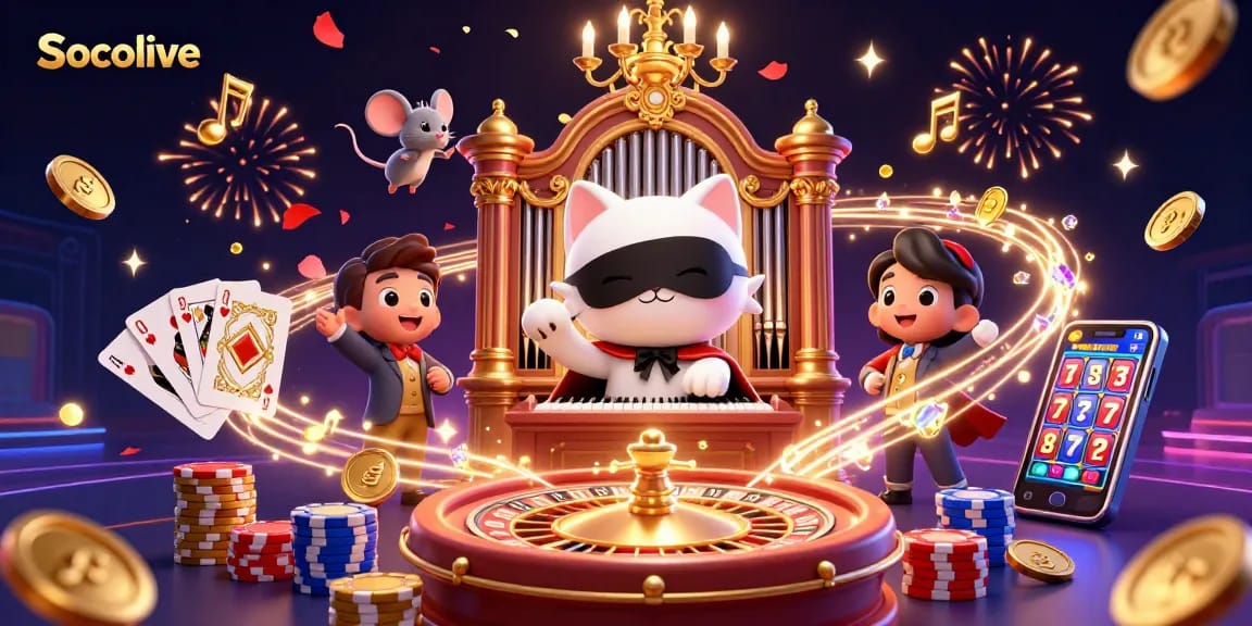 Socolive enhances your betting experience as a cat organist entertains surrounded by vibrant casino elements.