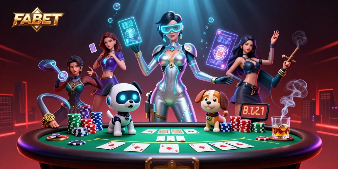 Engage with FABET's vibrant online casino world through a dynamic 3D illustration showcasing games, stunning visuals, and excitement.