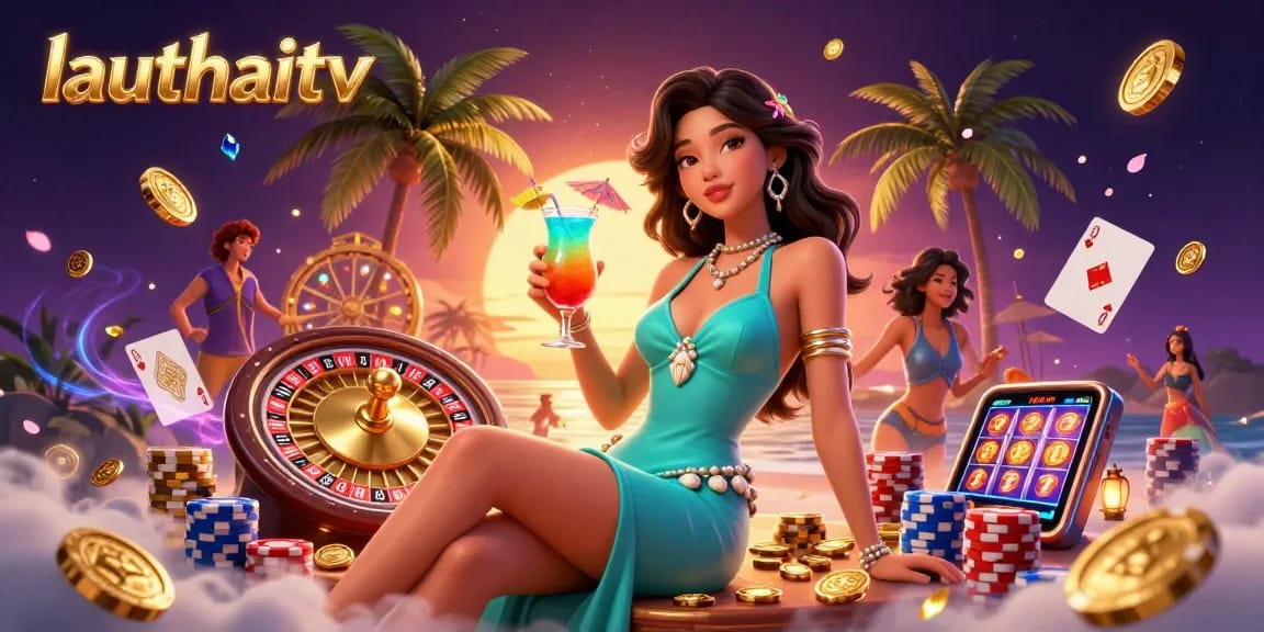 Win big at lauthaitv amidst sparkling gems and cascading coins in this vibrant casino scene.