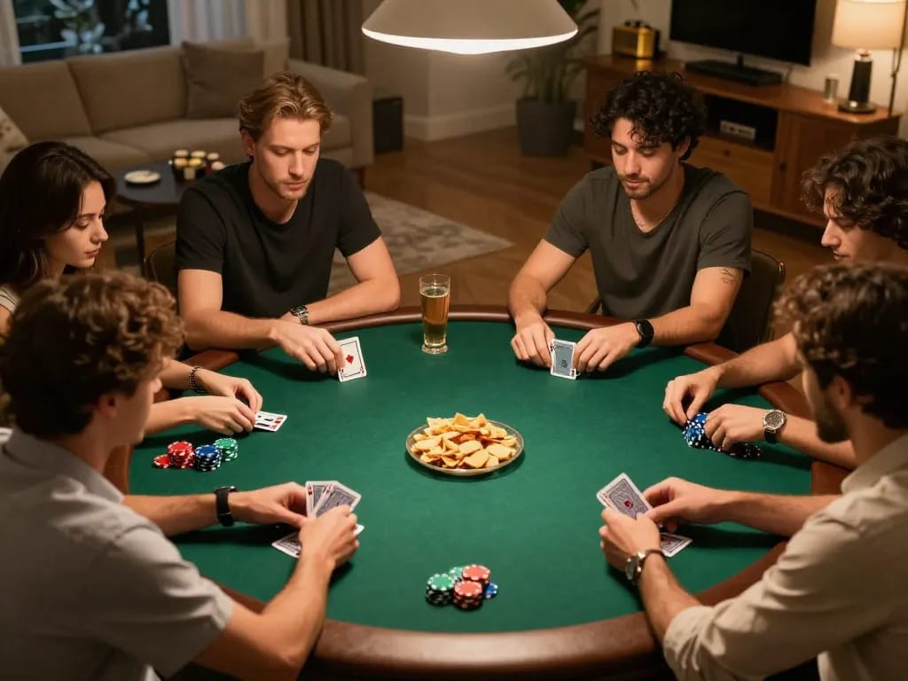 Friends enjoying a home poker night with active gameplay at nhà cái lv88, chips and cards in play.