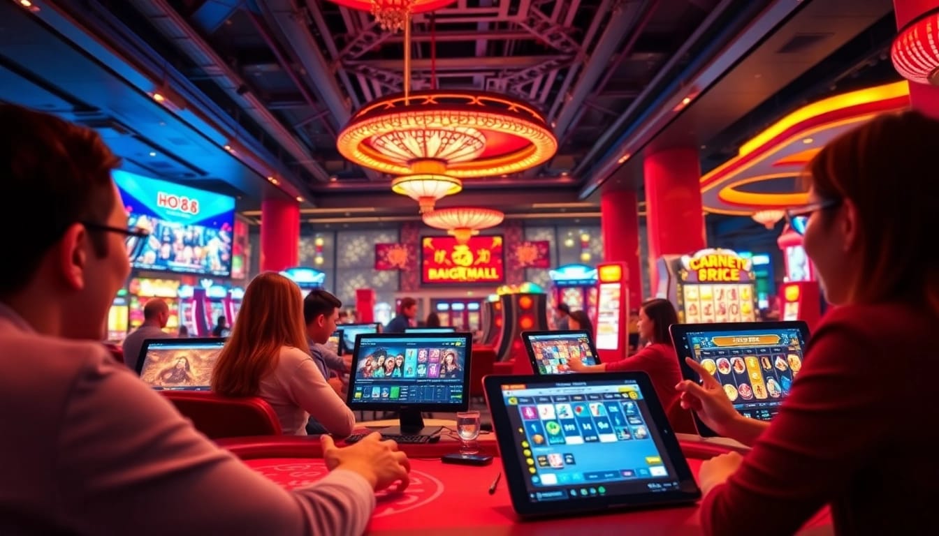 Ho88 casino gaming scene showcasing players engaged in vibrant online gambling activities, under soft ambient lighting.