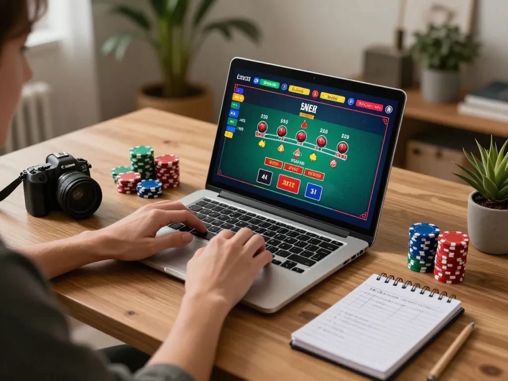 Player engaging with FLY88 online casino from a cozy home setup, featuring live dealer game interface and strategy notes.