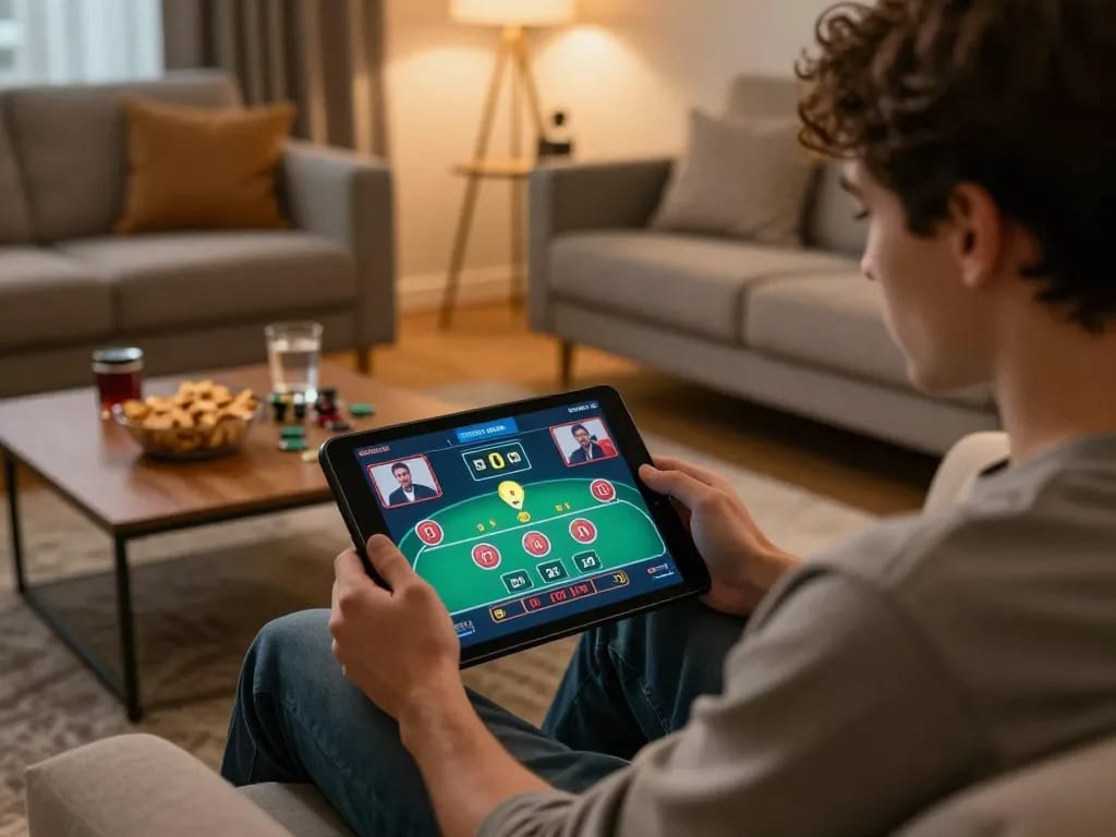 Player enjoying an online blackjack game on 92SLOT, immersed in strategic gameplay at home.