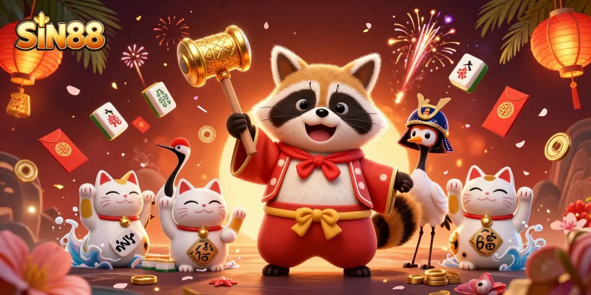 SIN88 brings fortune alive with cheerful tanuki and vibrant symbols celebrating gaming luck.