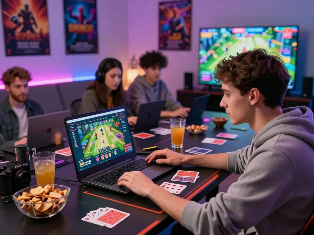 Friends enjoying a Game bài session in a vibrant living room, showcasing online gaming excitement.