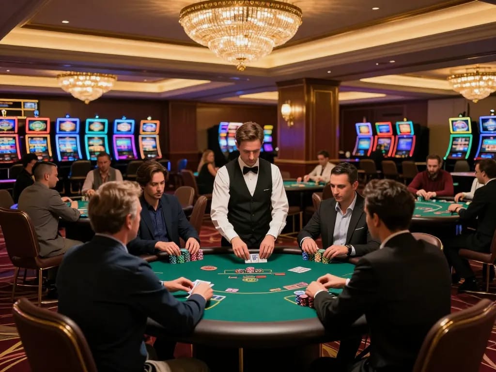 Experience immersive gameplay at https://www.atqvn.com/ with vibrant casino scenes featuring poker tables and excited players.
