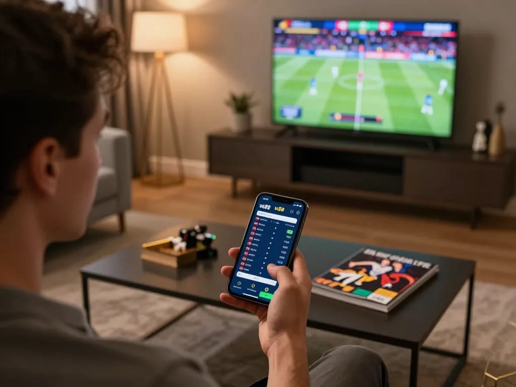 Person engaging with the va88 sports betting app on smartphone in a stylish set-up