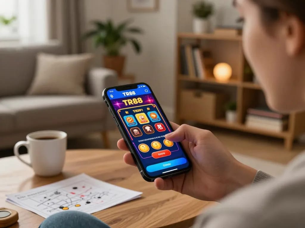 Engaging with TR88 bet app for online gambling, vibrant home setup with casino games