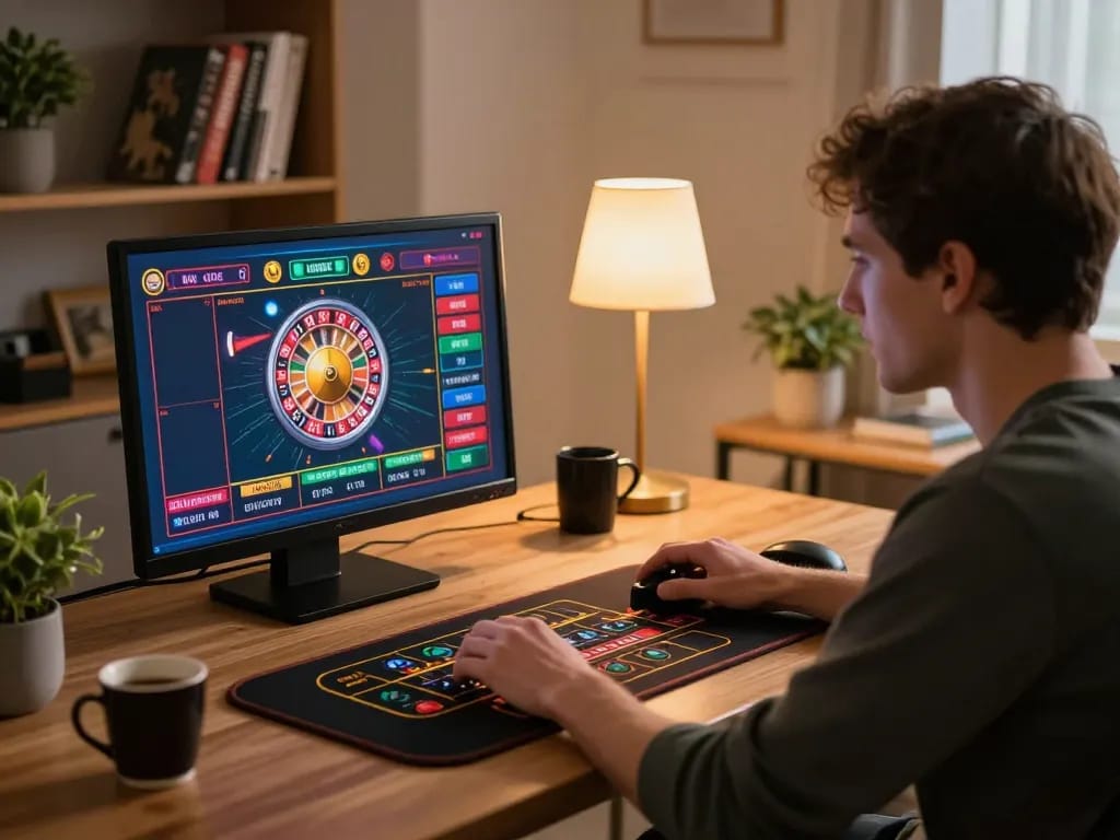 Engaged player experiencing live roulette betting at https://123bz.uk.net/ with laptop showcasing colorful graphics.