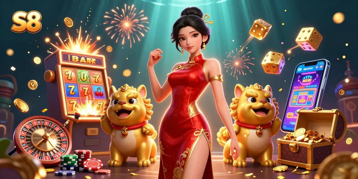 Engage in vibrant S8 casino excitement with a glamorous scene filled with slot games and colorful characters.