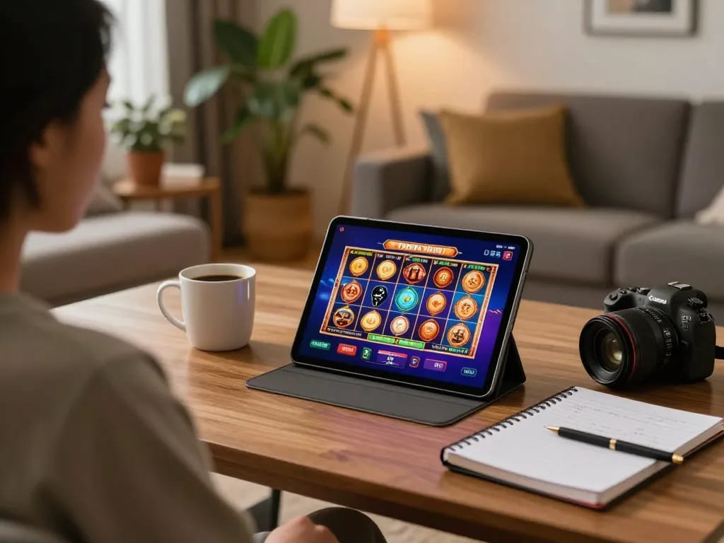rikvip player engaging with fun online slot games on a tablet in a cozy home setting