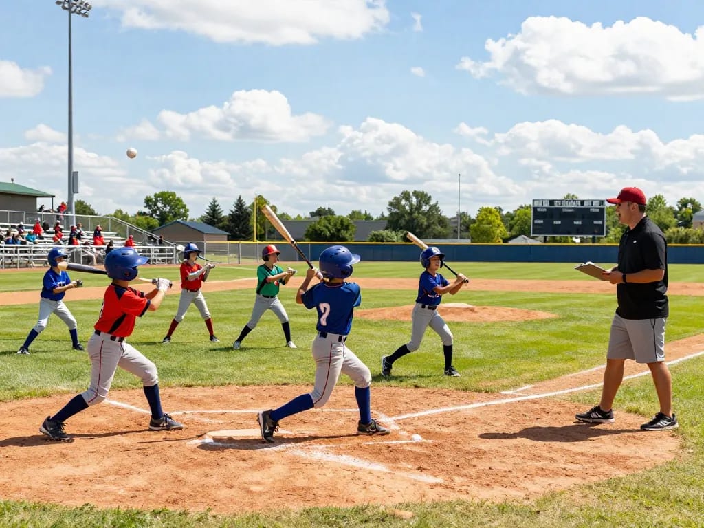 Youth baseball training at hitclub showcasing young players practicing batting with coaches and supportive parents.