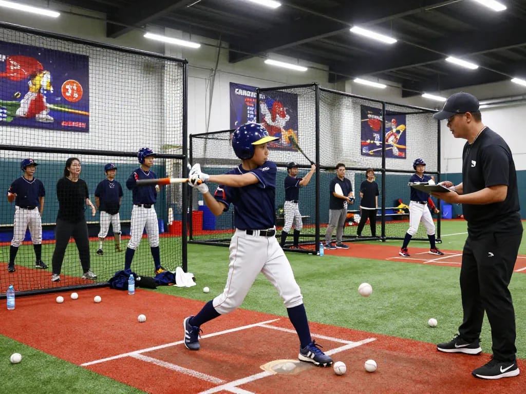 Hitclub athlete training intensely in batting cage, surrounded by team support and motivational environment.