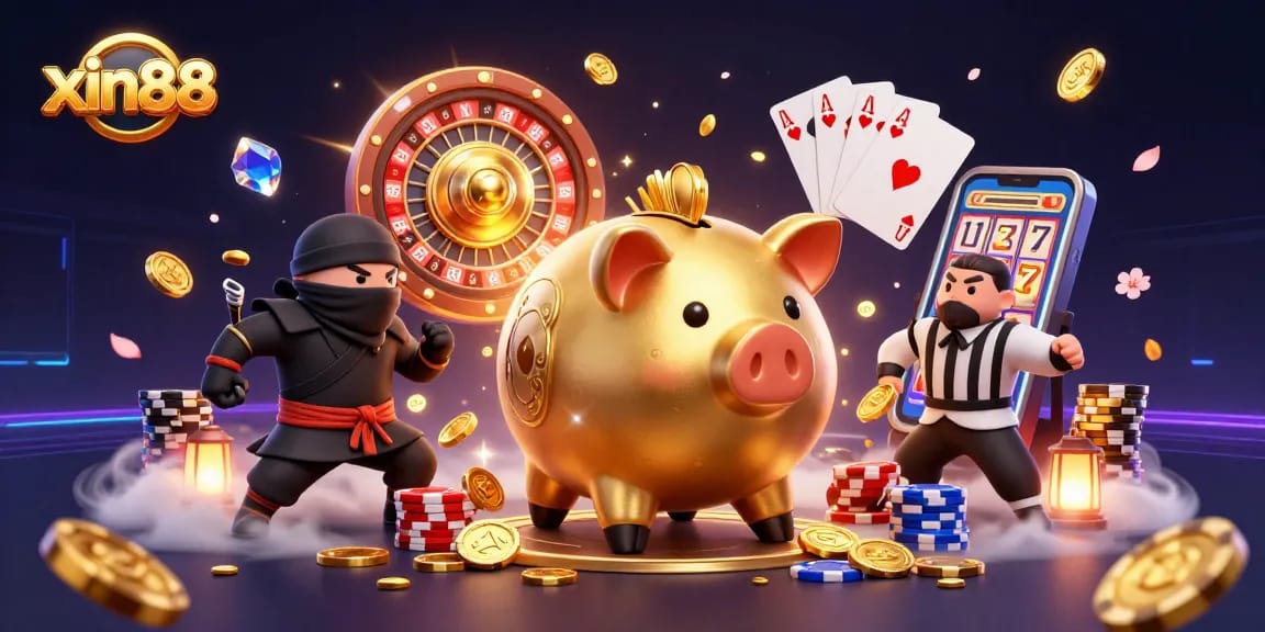 Experience the excitement of xin88 with a sumo wrestler, wallet-ninja, and credit-card samurai in a vibrant online casino.