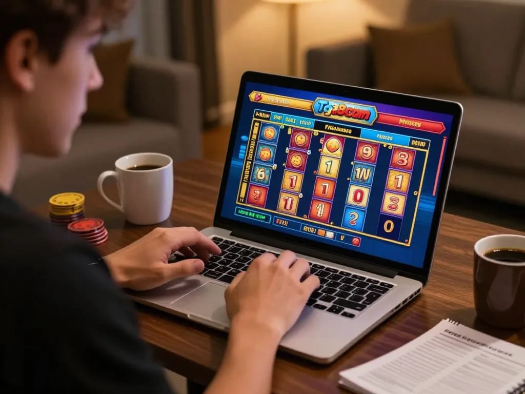 Player engaging with tg88 com online slots, immersed in strategy and fun at home.