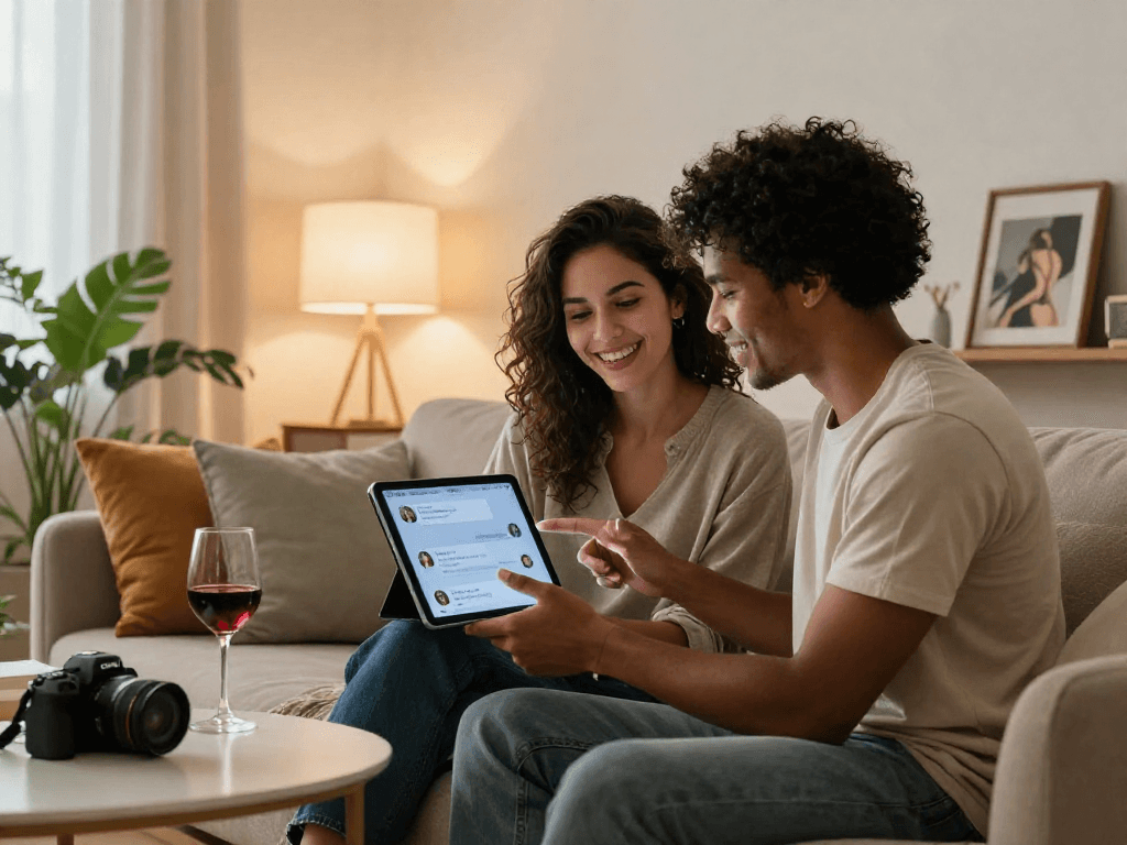 Couple exploring ai chat porn on a tablet in a cozy living room.