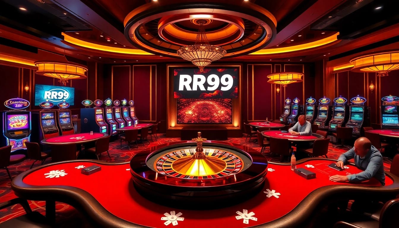 Players engaging at RR99 casino tables, showcasing excitement and luxury in gambling.