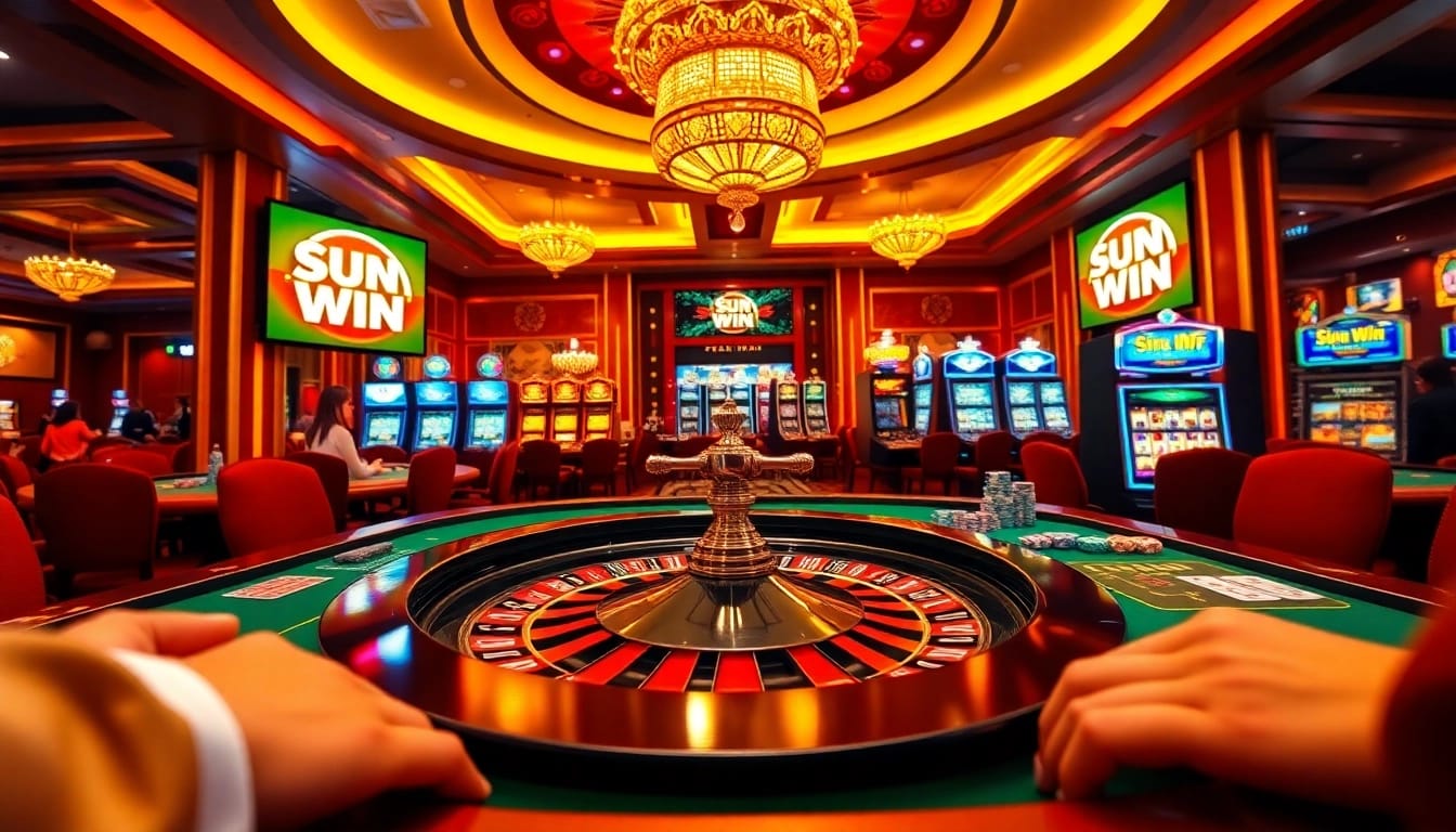Experience the excitement of sun win at a luxurious casino with vibrant poker chips and roulette wheel.