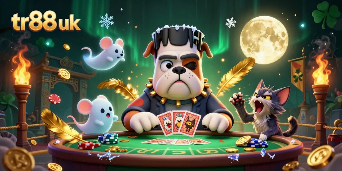 Experience thrilling gaming action at TR88 UK with a lively 3D illustration featuring unique characters.