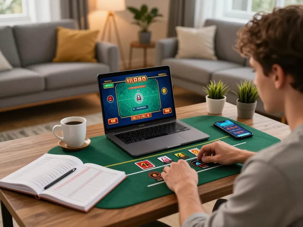 Player enjoying FLY88 online gaming experience, focused on video poker strategy in a cozy living room.