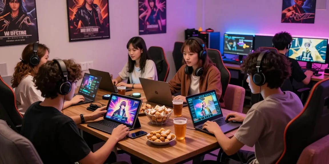 Players enjoying ecchi games online in a vibrant gaming lounge with snacks and devices.