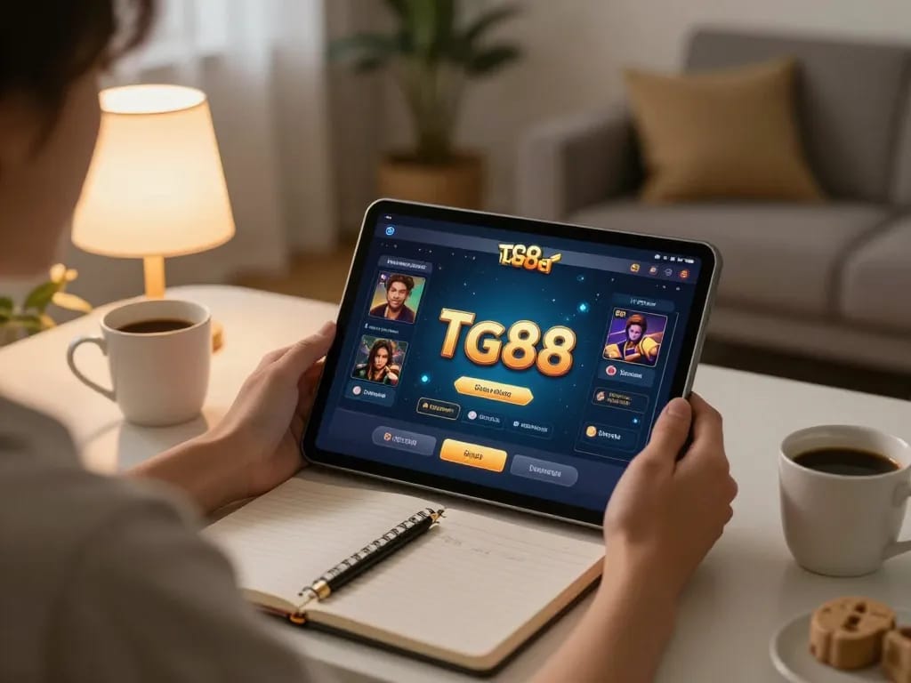 Playing tg88 game on a tablet in a cozy home setting with warm lighting and strategic notes