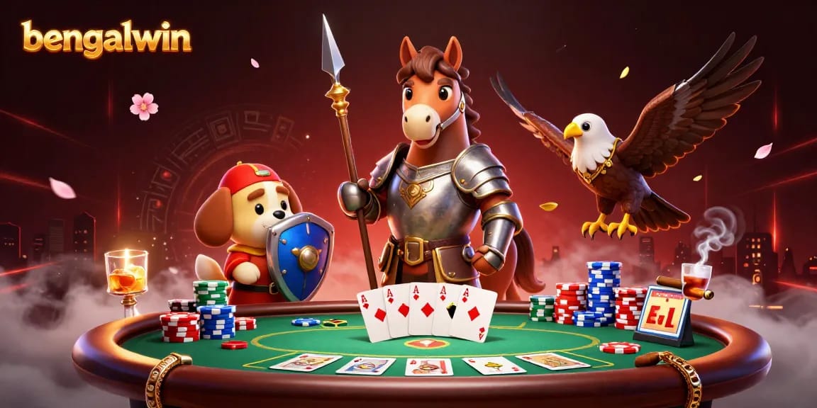 Bengalwin players enjoying a dynamic poker scene, featuring medieval characters and festive casino elements.
