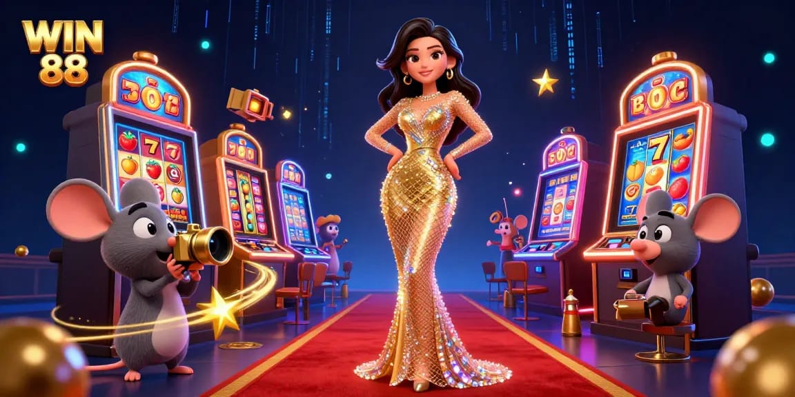 Play exciting games at WIN 88, featuring vibrant slot machines and glamorous characters in a dazzling casino scene.