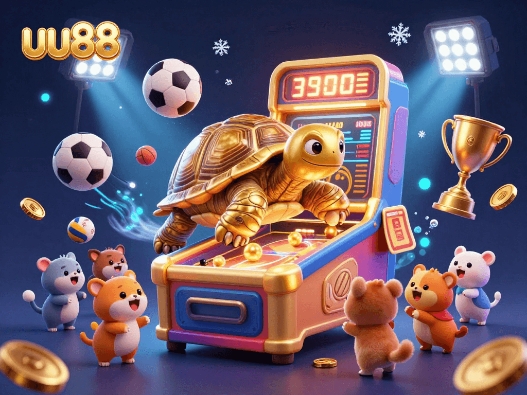Play exciting games at uu88 with a stunning golden tortoise and dynamic sports elements in action.