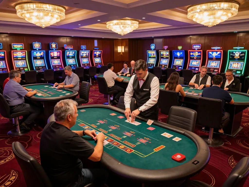 Players strategizing during a blackjack game at GO8's upscale casino floor, showcasing competitive spirit and luxury.