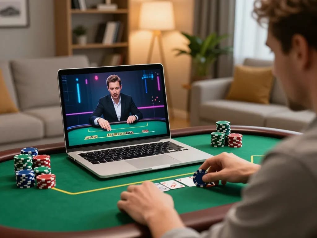 Player interacts with vua88 online poker game in a cozy home setting, showcasing strategic gameplay.