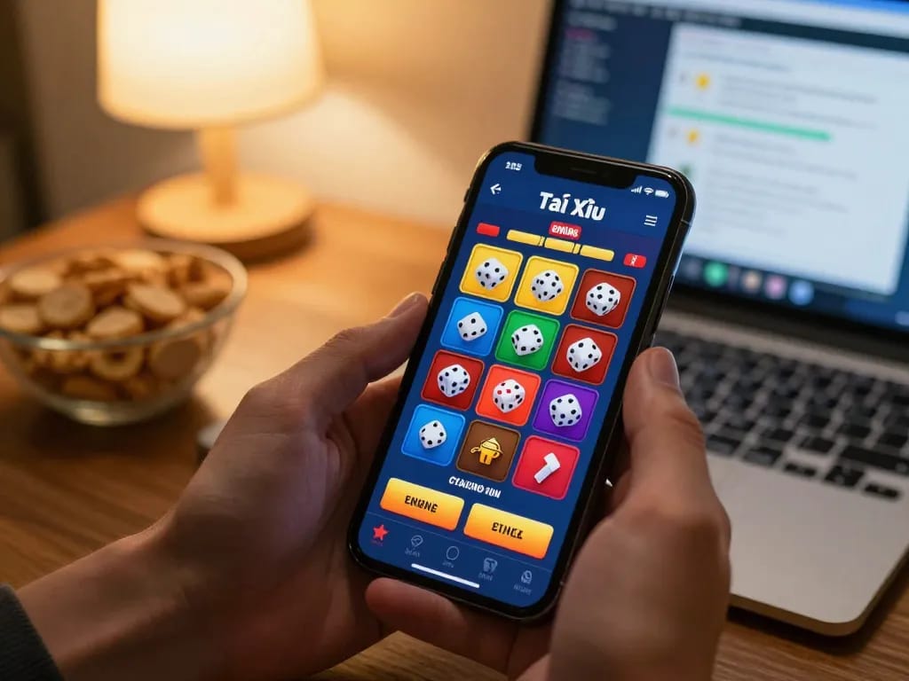 Tài Xỉu Online gameplay shown on smartphone, highlighting strategic betting at home.