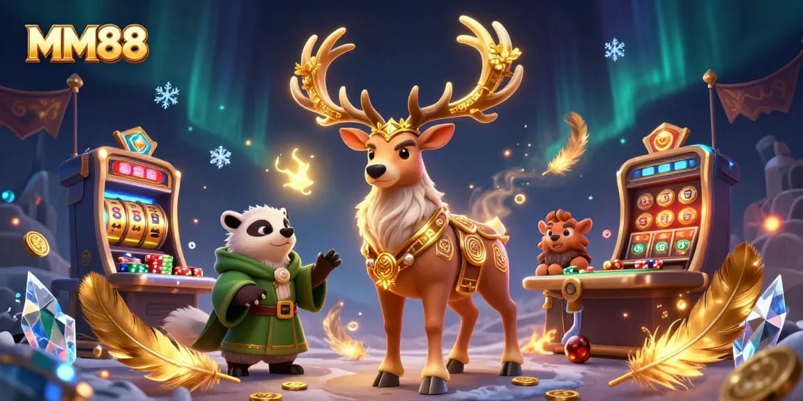 Experience MM88 with a vibrant scene of gaming excitement featuring a druid and badger amidst slot machines.