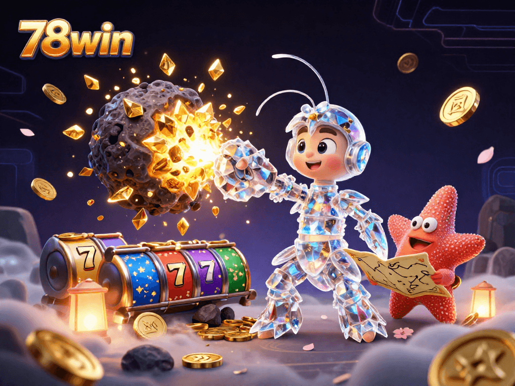 Play thrilling slots with 78win, featuring colorful casino elements and an animated mantis shrimp.