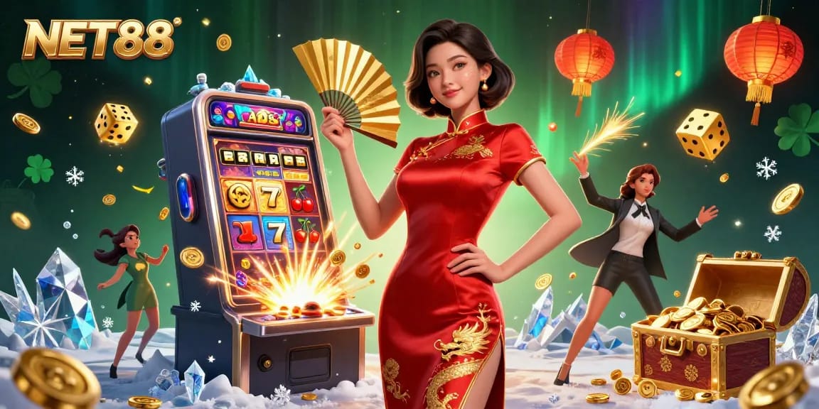 Experience the excitement of NET88 with stunning casino elements and vibrant characters.