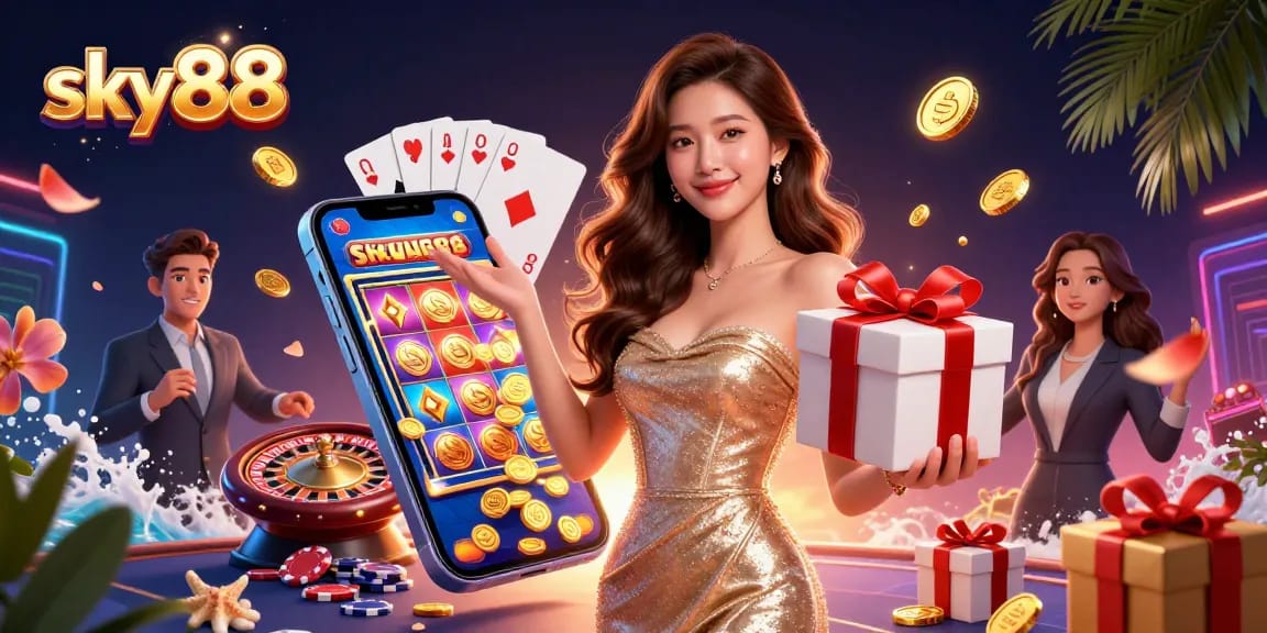Engage with sky88's vibrant casino atmosphere, showcasing a stunning Asian woman celebrating with dazzling gifts and games.