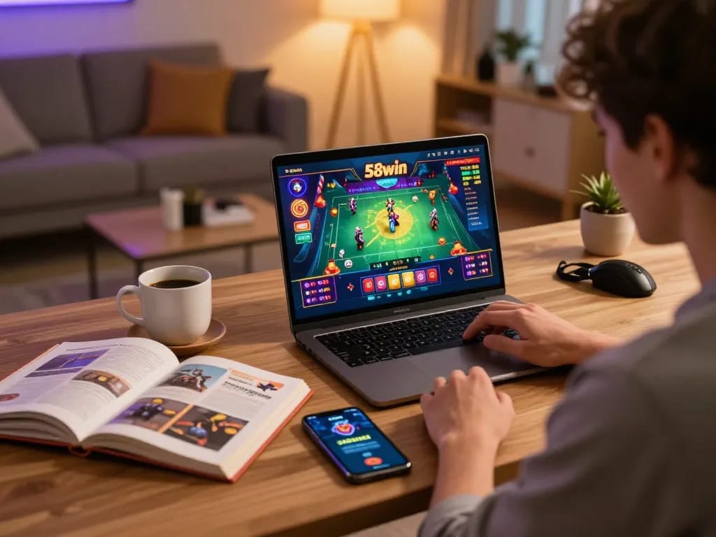 Engaging in strategic online gaming at 58win with laptop and smartphone setup.