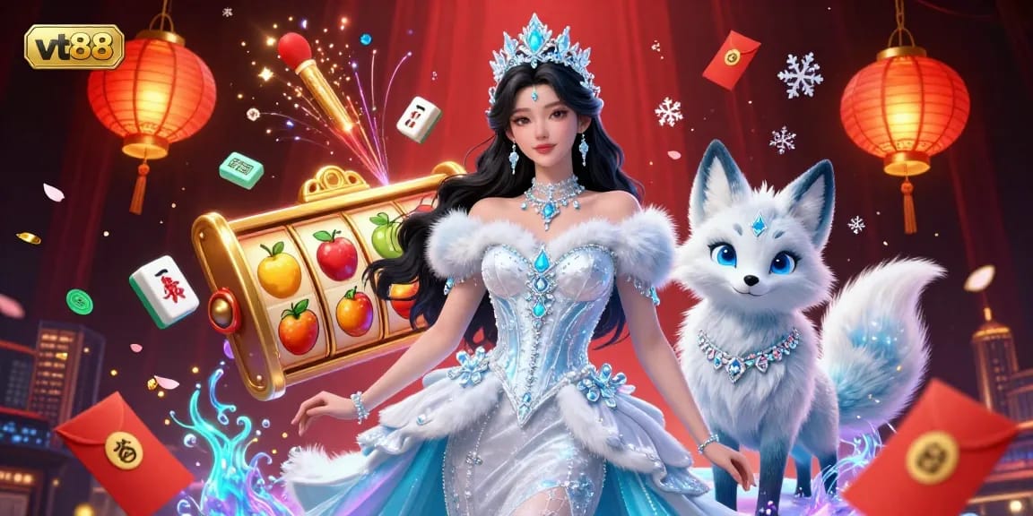 Experience the excitement of vt88 with a vibrant scene featuring slot reels, an ice queen, and festive decorations.